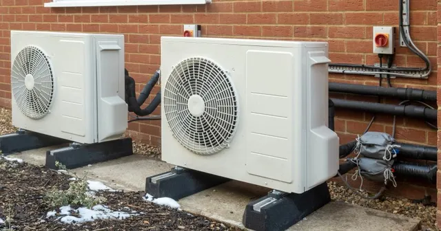 Udedel til en varmepumpe ved en husmur